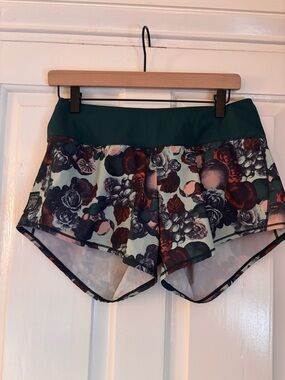 oiselle Floral Athletic Shorts with Teal Waistband